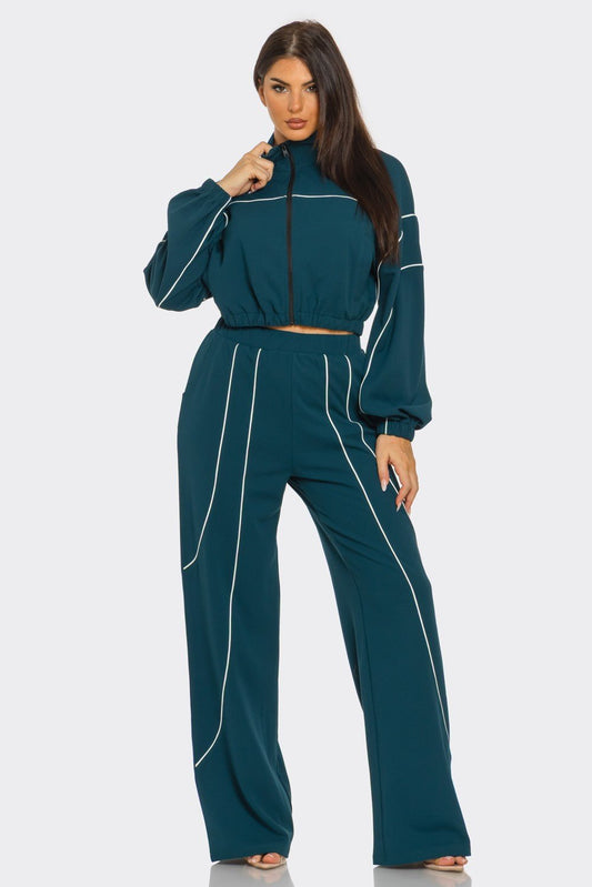 Melanie Zip - Up Piping Stripe Two - Piece Set – Cropped Jacket & Wide - Leg Pants - Blaire Shops