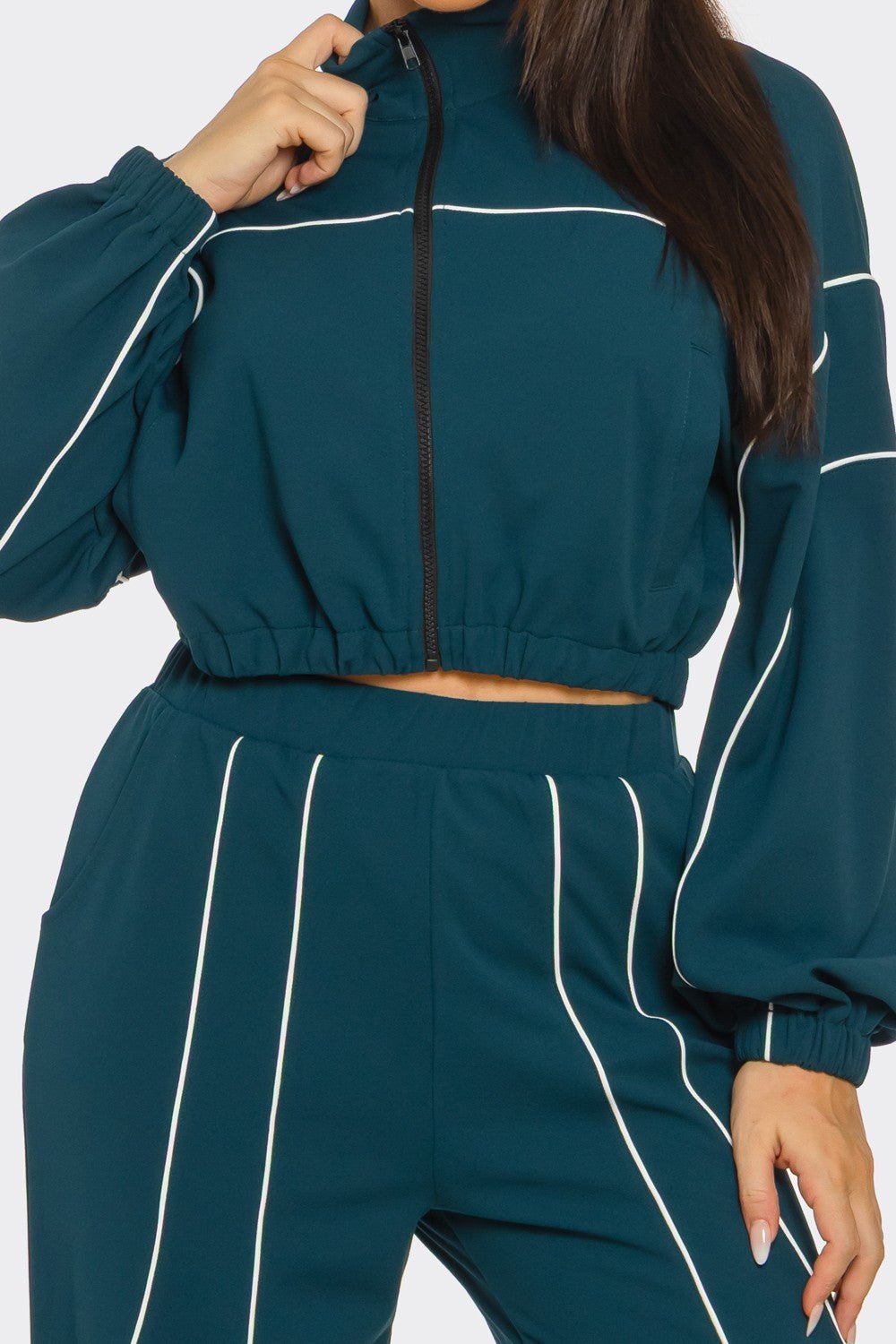 Melanie Zip - Up Piping Stripe Two - Piece Set – Cropped Jacket & Wide - Leg Pants - Blaire Shops