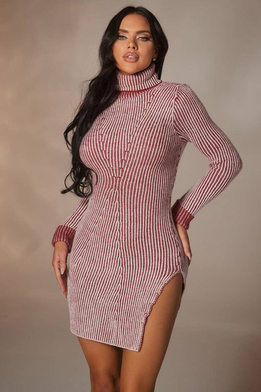 Melissa Knit Mini Dress - Cozy Holiday Sweater Dress With Turtleneck & Slit - Blaire Shops