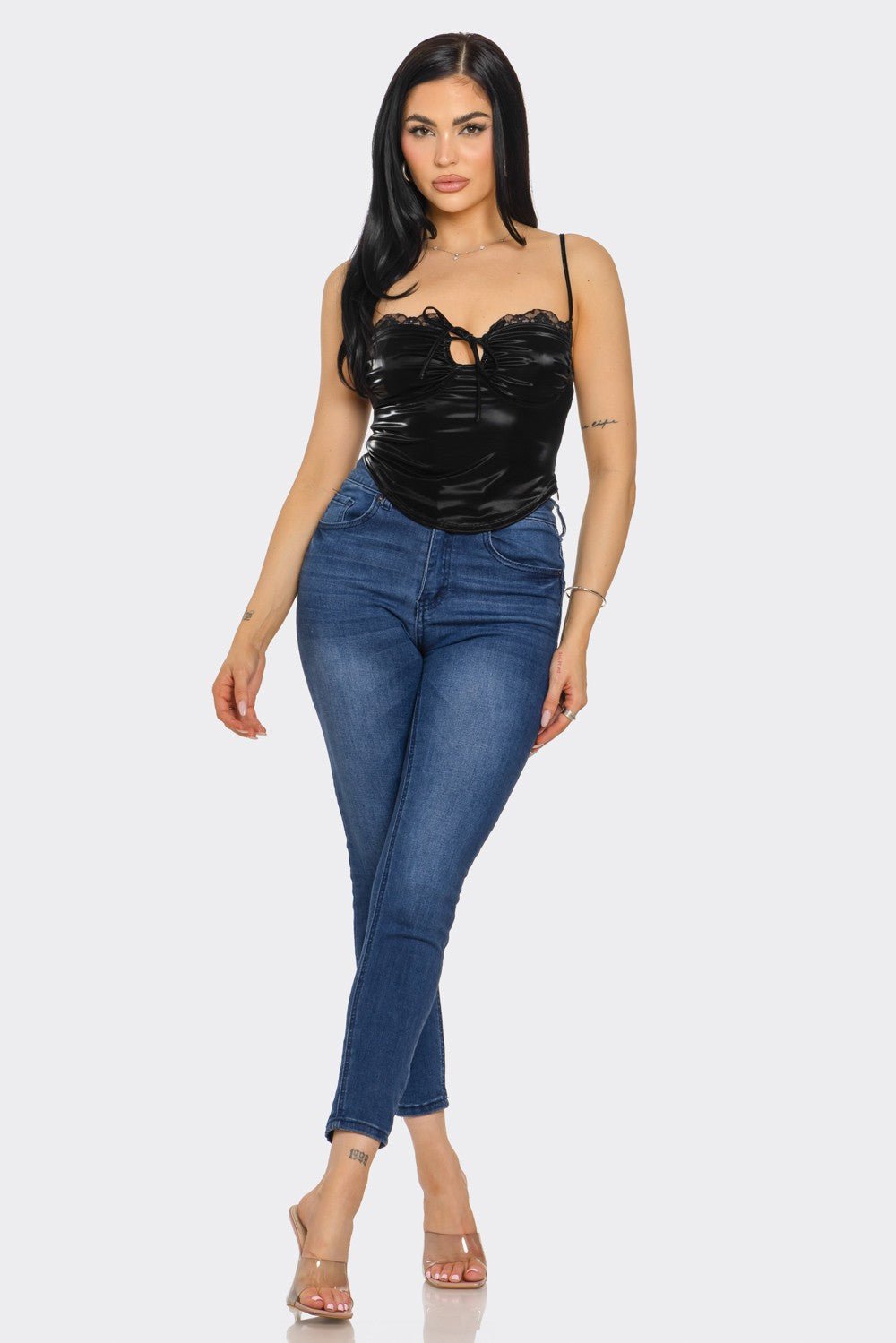 Melissa Lace Spaghetti Strap Crop Top with Side Zipper - Blaire Shops