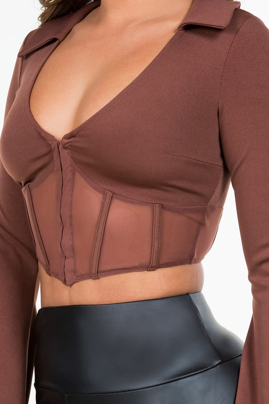 Melissa Long Sleeve Cropped Corset Top – Stretchy Chic Fashion Top for Women - Blaire Shops