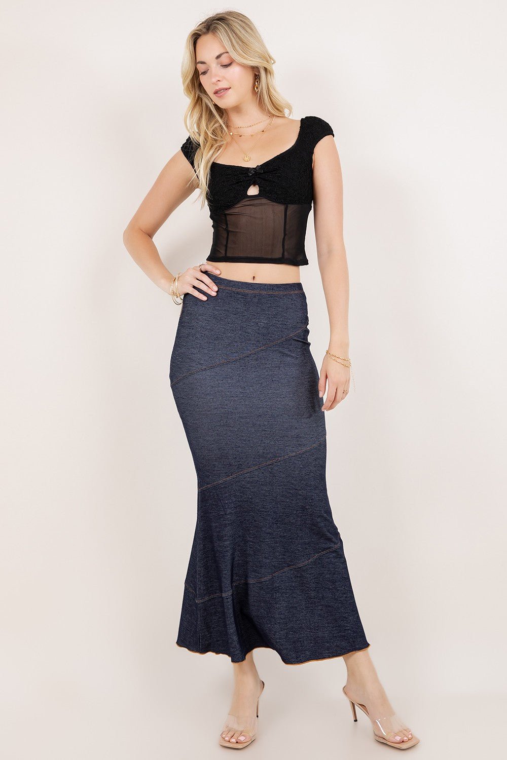 Melissa Mermaid Denim Maxi Skirt – Stretchy High - Waist Flared Skirt | Trendy Look - Blaire Shops