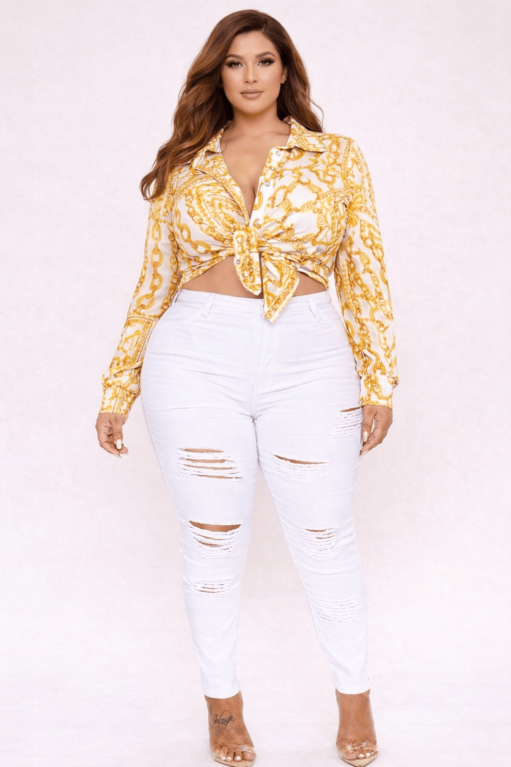 Mesh Luxe Plus Size Chain Print Button - Down Shirt - Blaire Shops