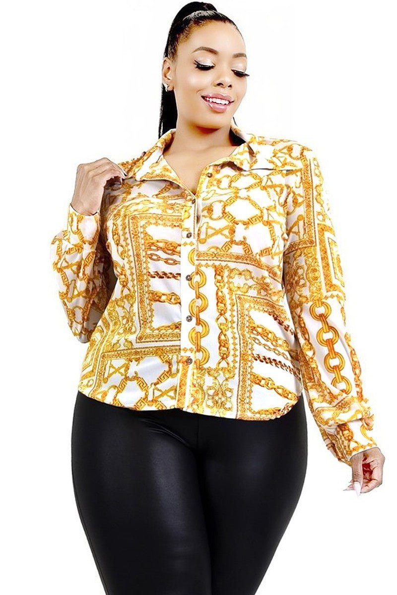 Mesh Luxe Plus Size Print Button - Down Shirt - Blaire Shops