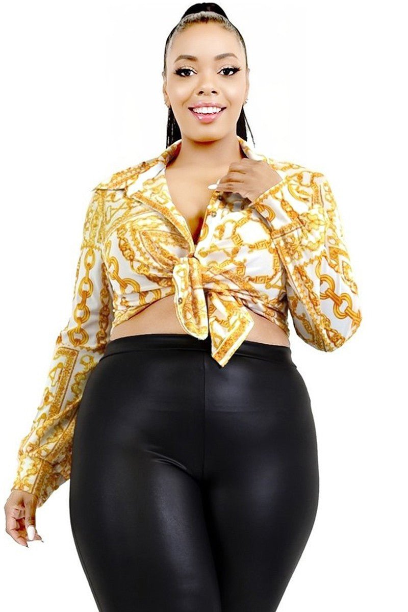 Mesh Luxe Plus Size Print Button - Down Shirt - Blaire Shops