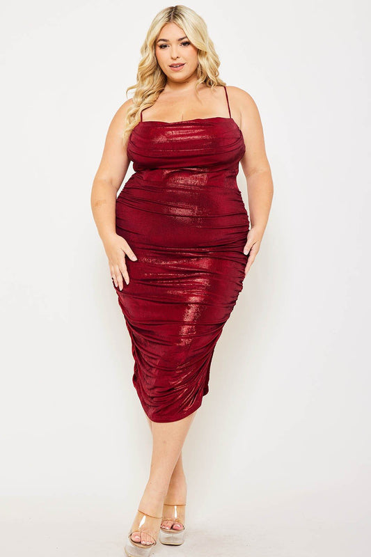 Metallic Burgundy Plus Size Midi Dress – Cowl Neck, Spaghetti Straps & Side Slit - Blaire Shops