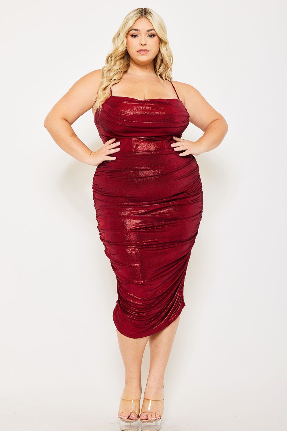 Metallic Burgundy Plus Size Midi Dress – Cowl Neck, Spaghetti Straps & Side Slit - Blaire Shops