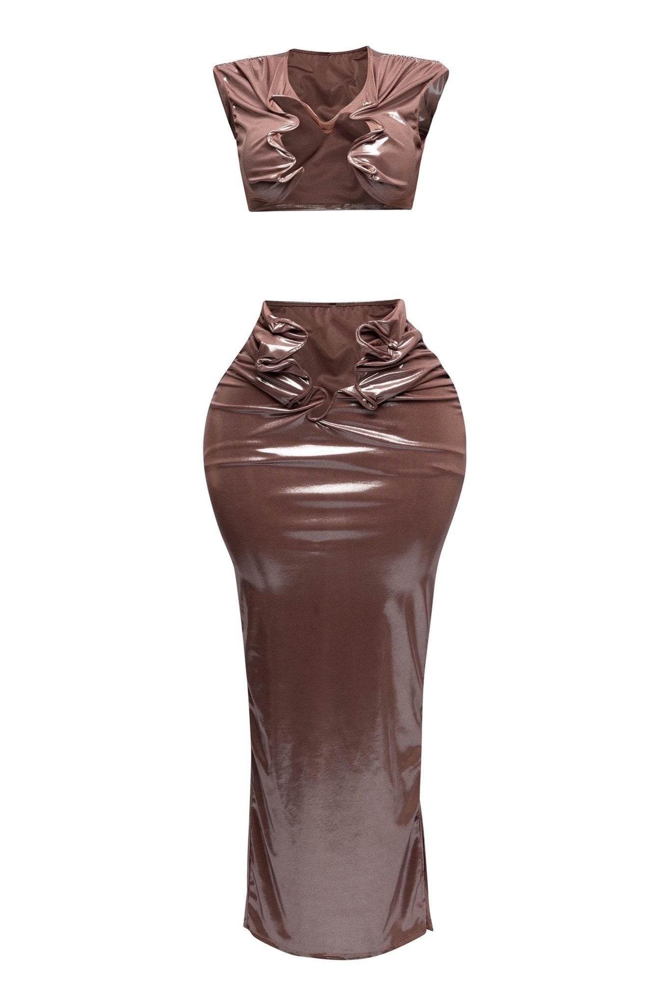 Starlust Metallic Foil Crop Top & Maxi Skirt Set – Birthday Outfit - mocha outfit for women Vacation Outfits Birthday Dresses Going Out Looks