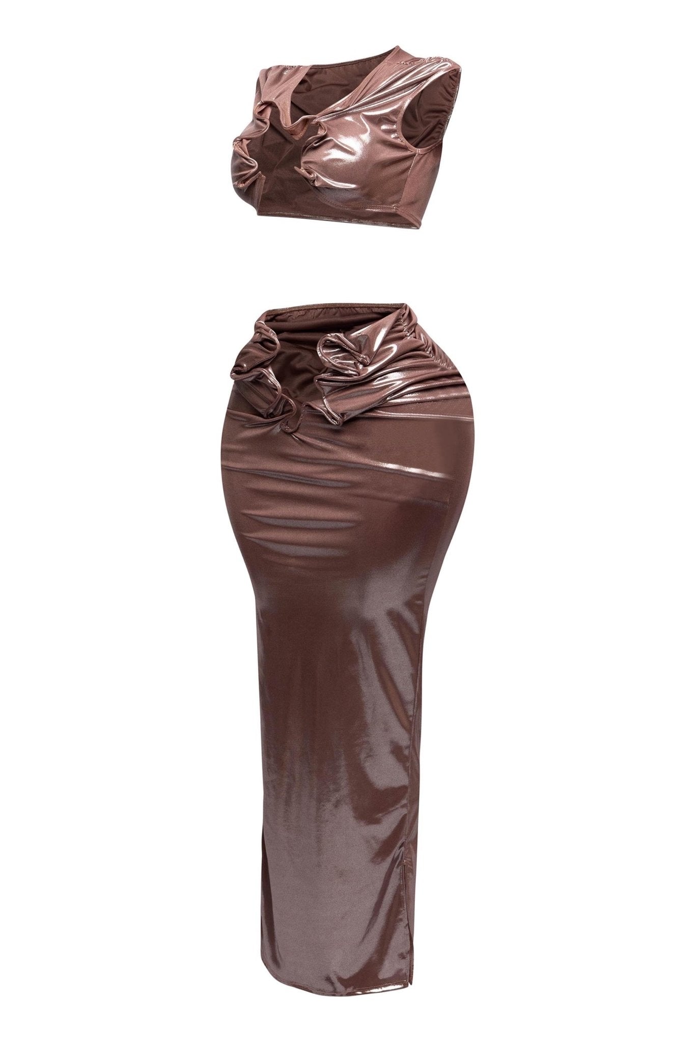 Starlust Metallic Foil Crop Top & Maxi Skirt Set – Birthday Outfit - mocha outfit for women Vacation Outfits Birthday Dresses Going Out Looks