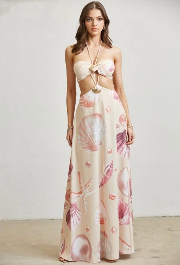 Miami Vice Seashell Satin Maxi Dress - Coral dress for women Vacation Outfits Birthday Dresses Going Out Looks