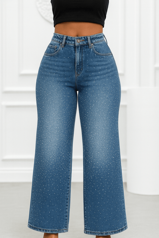 Mid - Rise Baggy Wide - Leg Rhinestone Jeans - Blaire Shops