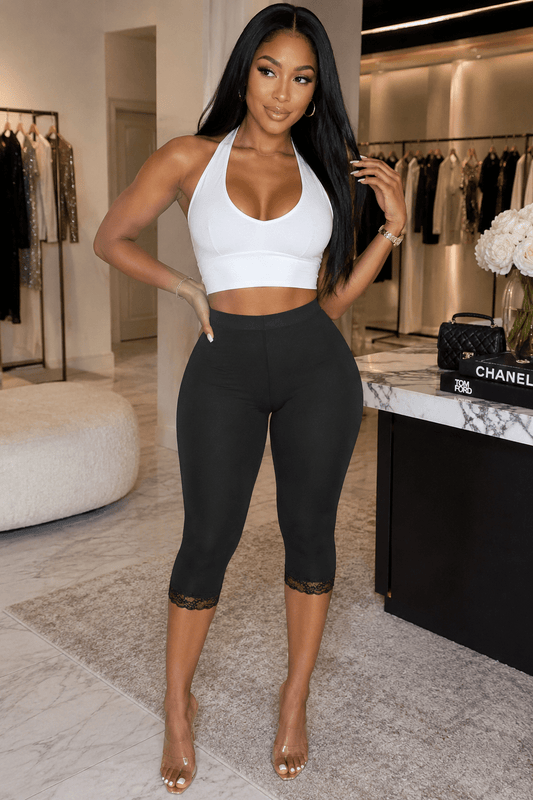 Mid - Waisted Capri Lace Trim Leggings – Made in USA - Black bottoms for women Vacation Outfits Birthday Dresses Going Out Looks