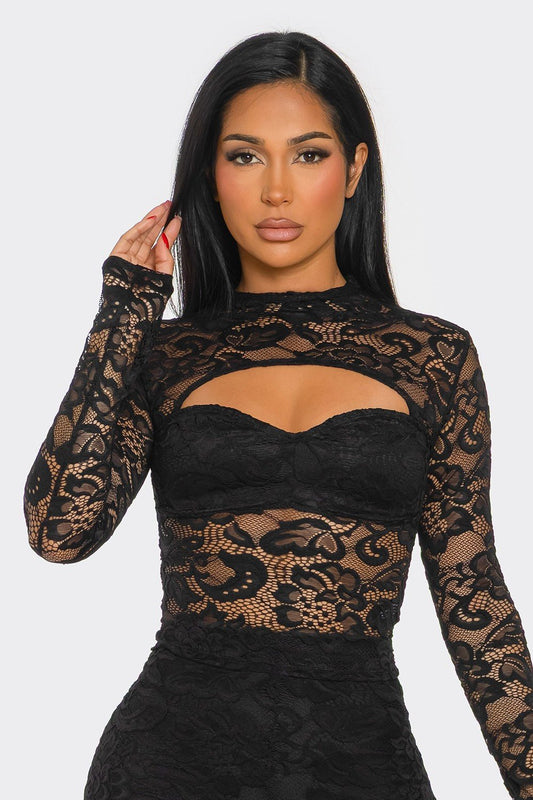 Midnight Muse Cutout Lace Long Sleeve Top - Black tops for women Vacation Outfits Birthday Dresses Going Out Looks