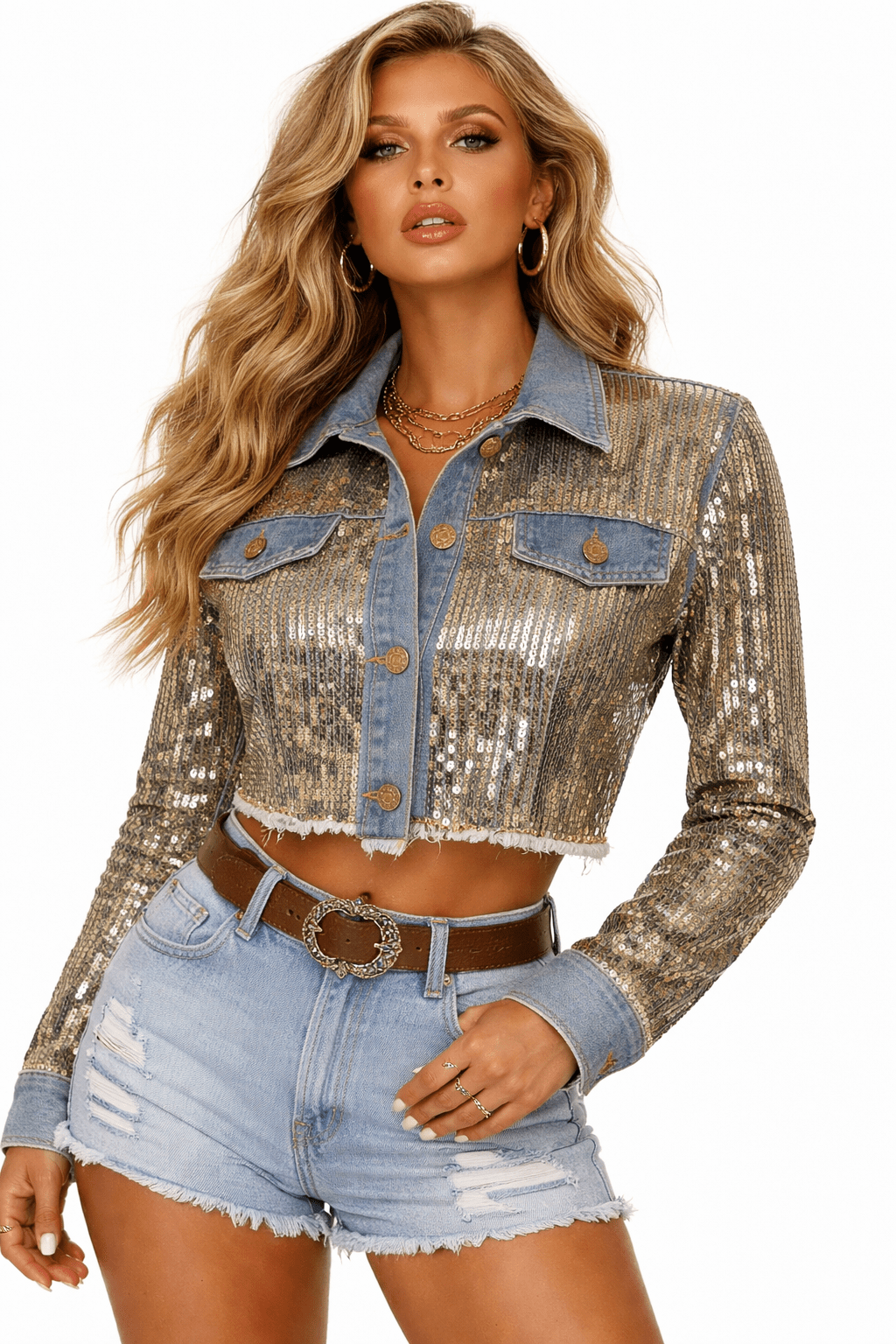 Midnight Rodeo Sequin Denim Jacket – Western Glam Cropped Jacket - Light Wash jacket for women Vacation Outfits Birthday Dresses Going Out Looks