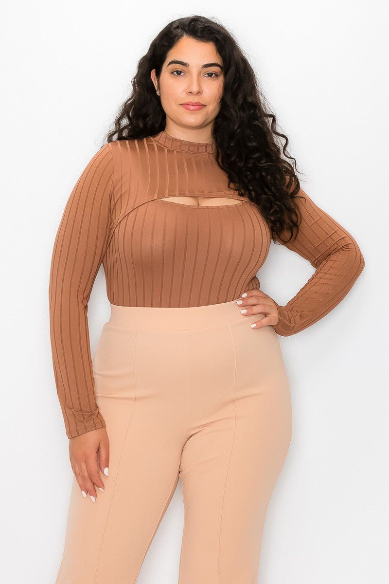 Mocha Plus Vertical Lined Bodysuit with Shrug Top | 2 - Piece Set - mocha crossbody bag for women Vacation Outfits Birthday Dresses Going Out Looks