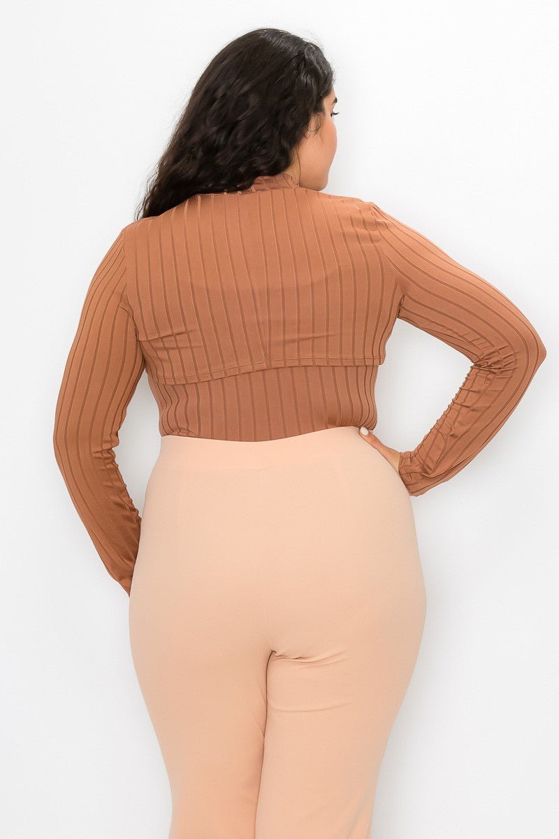 Mocha Plus Vertical Lined Bodysuit with Shrug Top | 2 - Piece Set - mocha crossbody bag for women Vacation Outfits Birthday Dresses Going Out Looks