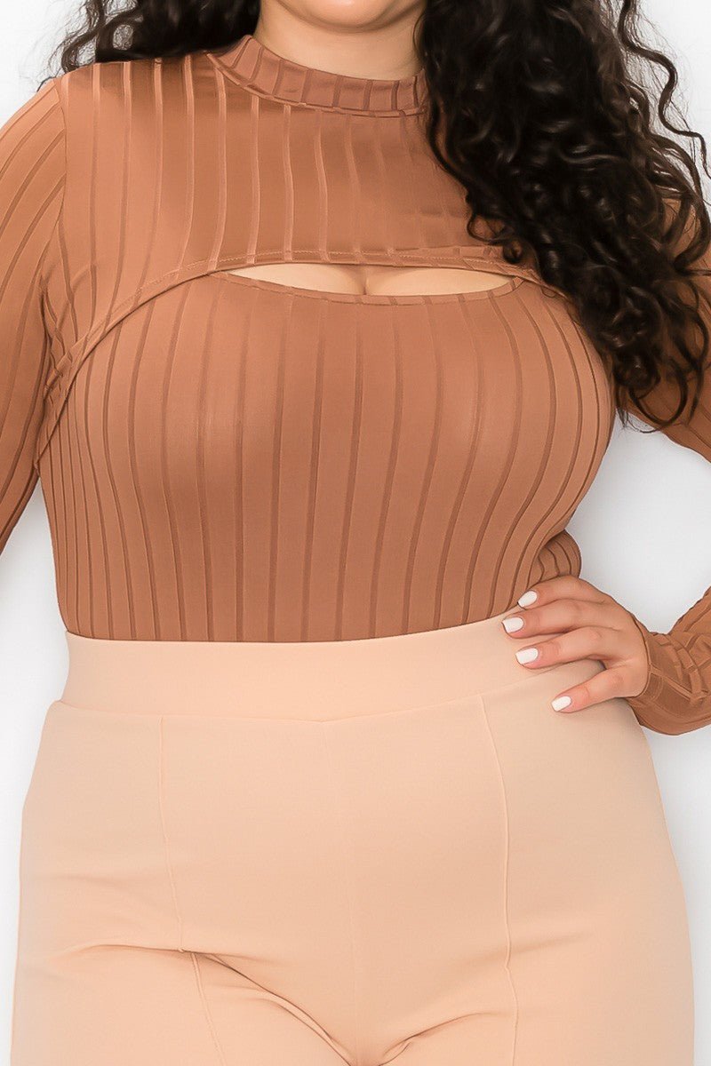 Mocha Plus Vertical Lined Bodysuit with Shrug Top | 2 - Piece Set - mocha crossbody bag for women Vacation Outfits Birthday Dresses Going Out Looks
