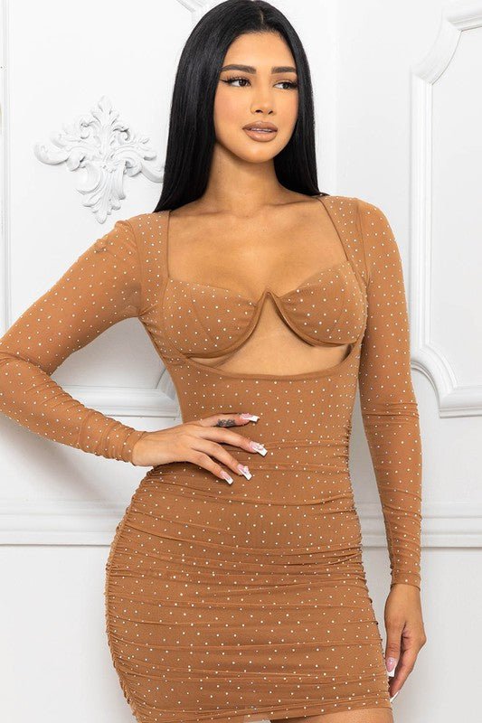 MOCHA RHINESTONE LONG SLEEVE WIRE BUST MESH STRETCH MINI DRESS - Blaire Shops