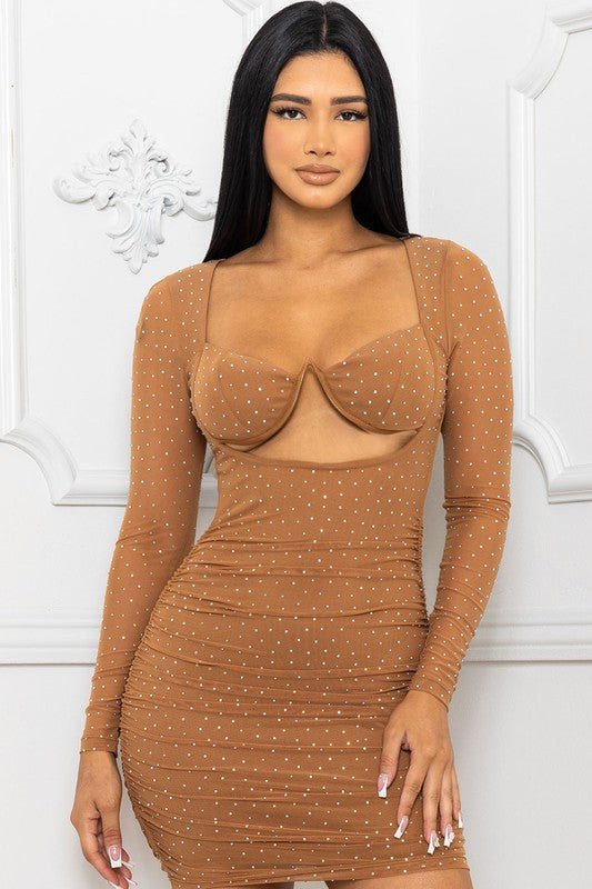 MOCHA RHINESTONE LONG SLEEVE WIRE BUST MESH STRETCH MINI DRESS - Blaire Shops