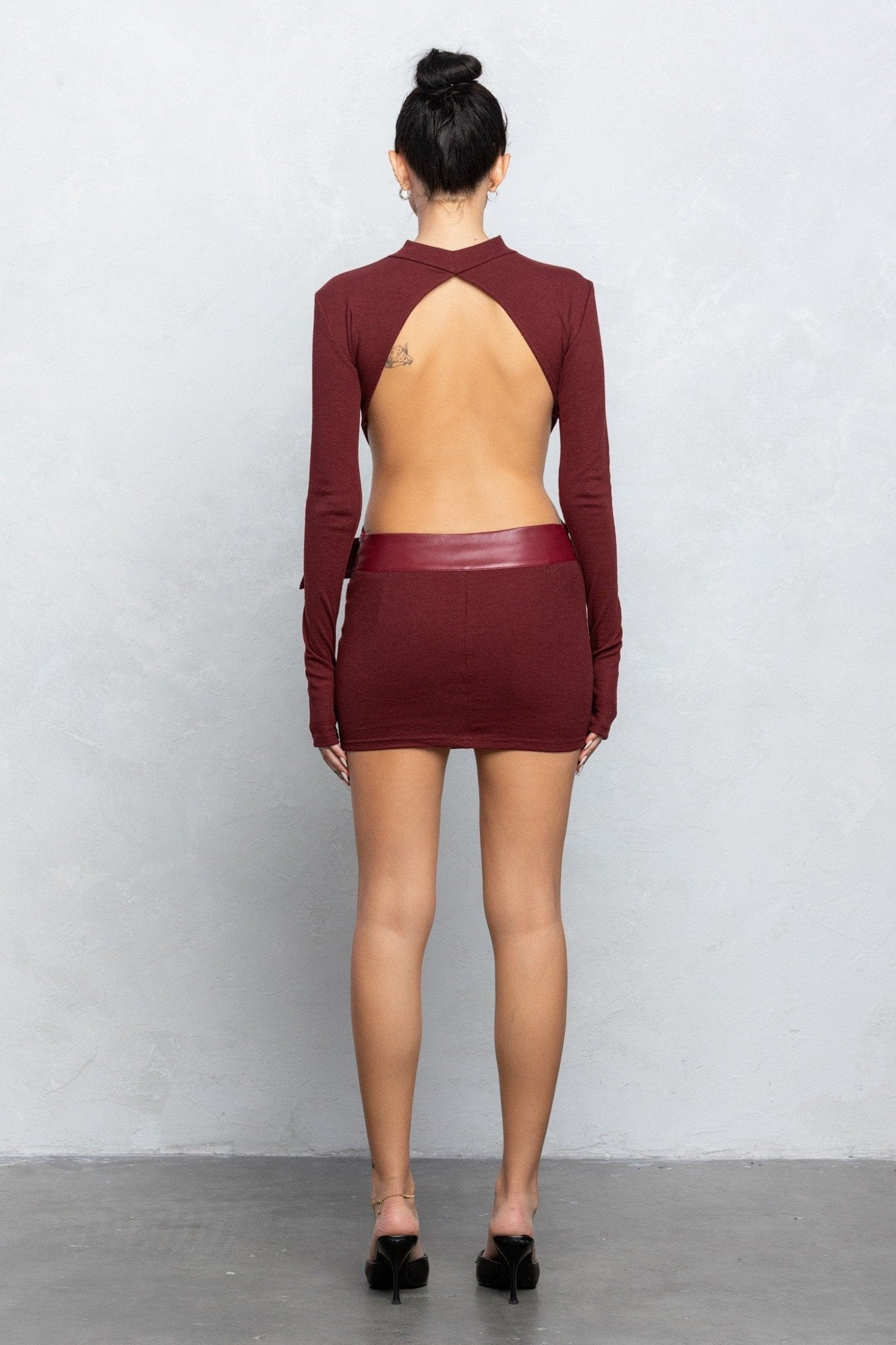 Mock Neck Belted Open Back Mini Knit Dress | Chic Ribbed Knit Style - Blaire Shops