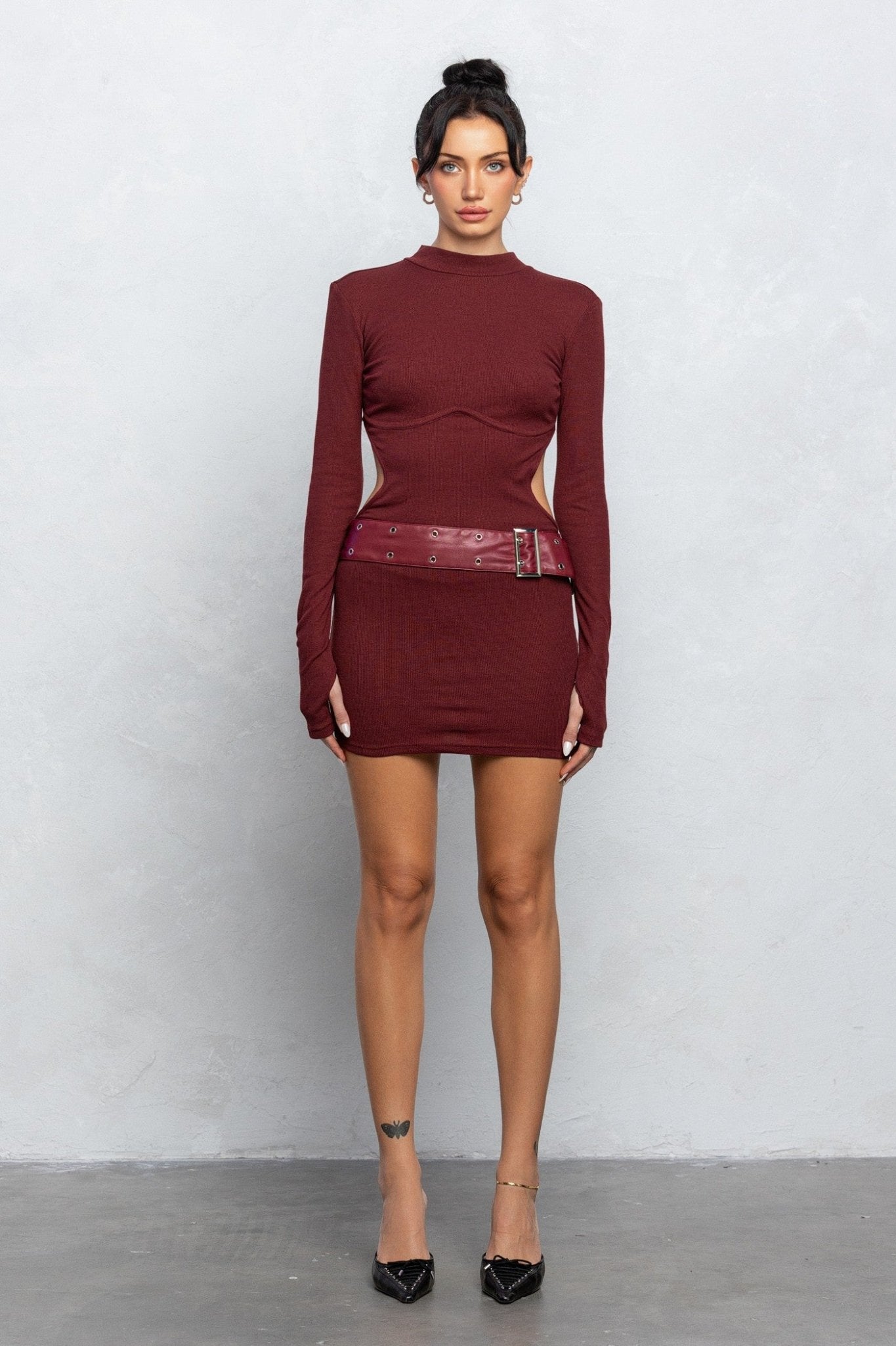 Mock Neck Belted Open Back Mini Knit Dress | Chic Ribbed Knit Style - Blaire Shops