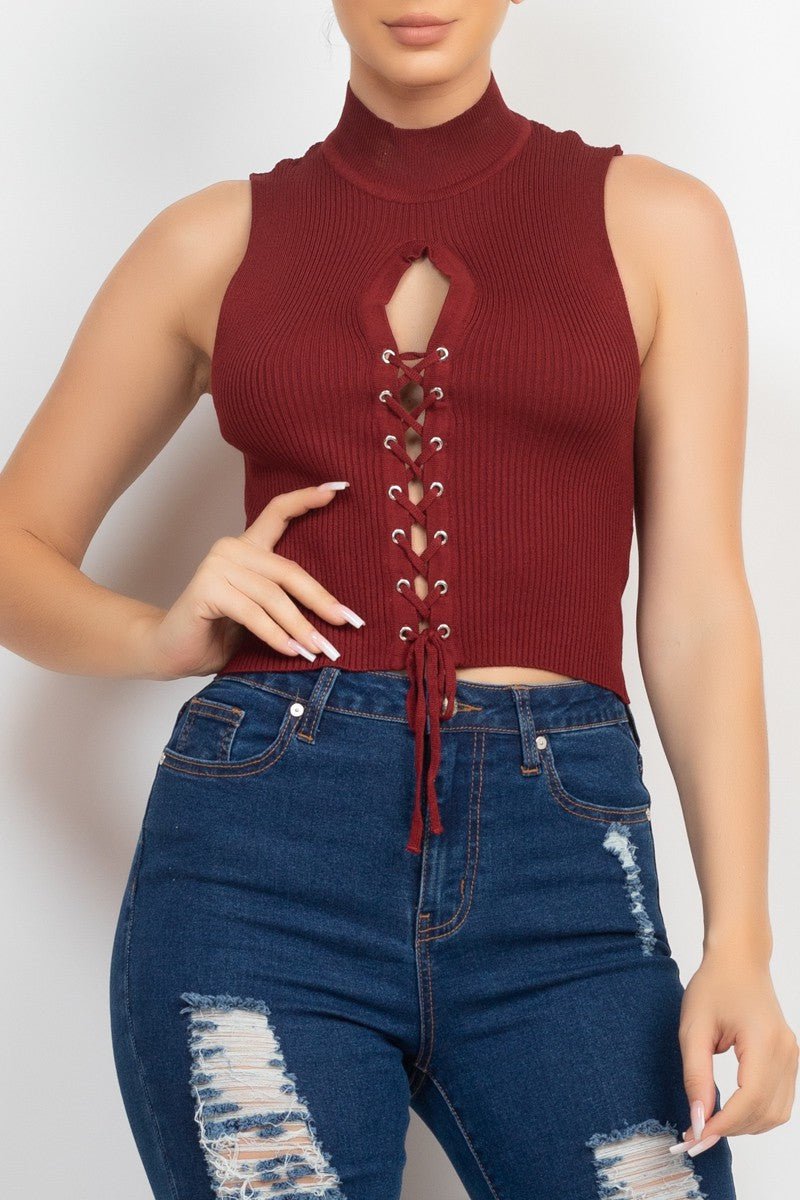 Mock Neck Ribbed Lace - Up Cutout Crop Top – Sleeveless Knit Corset Style - Blaire Shops