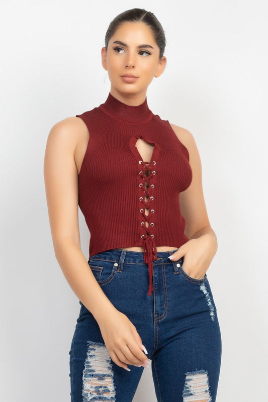 Mock Neck Ribbed Lace - Up Cutout Crop Top – Sleeveless Knit Corset Style - Blaire Shops