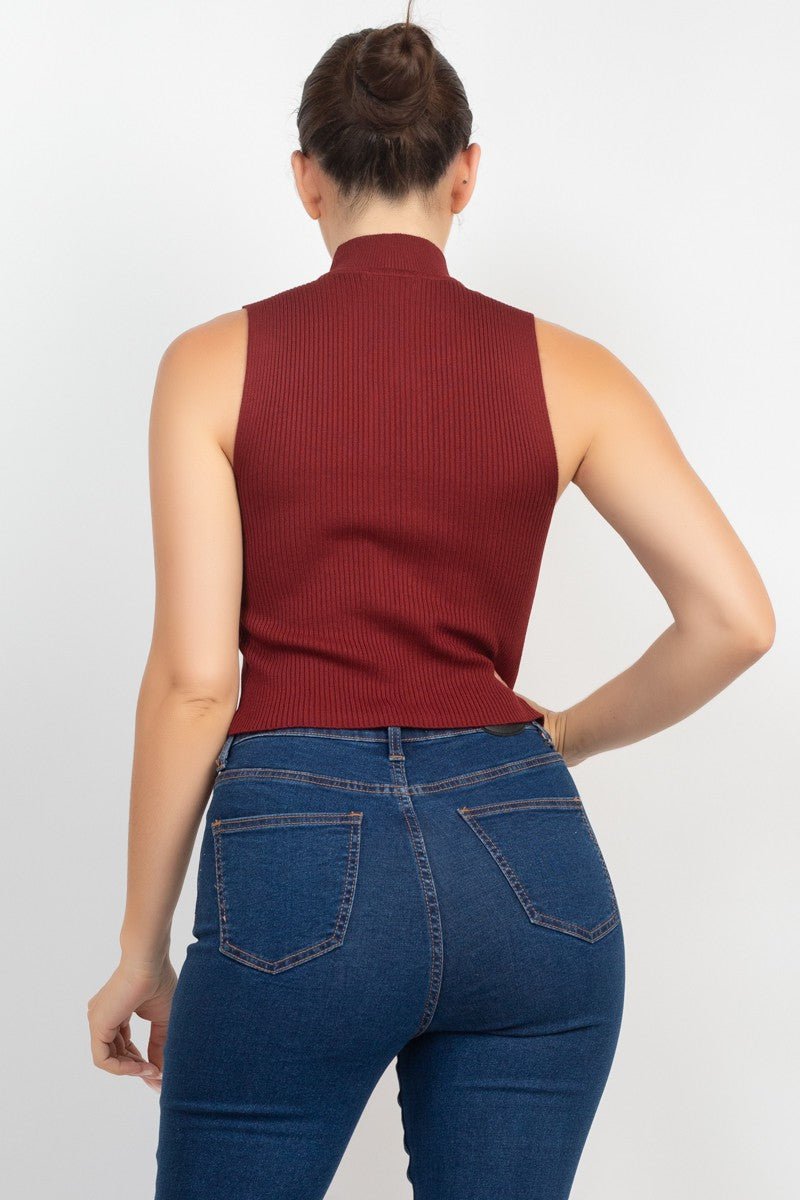 Mock Neck Ribbed Lace - Up Cutout Crop Top – Sleeveless Knit Corset Style - Blaire Shops