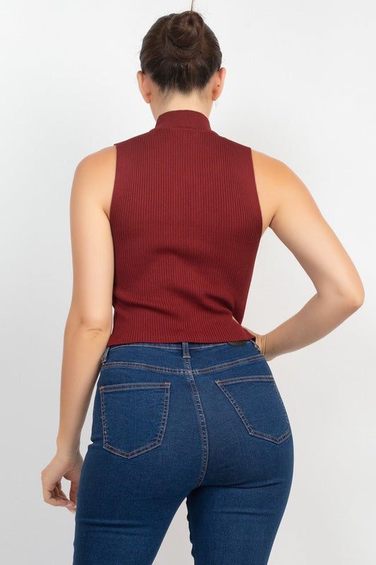 Mock Neck Ribbed Lace - Up Cutout Crop Top – Sleeveless Knit Corset Style - Blaire Shops