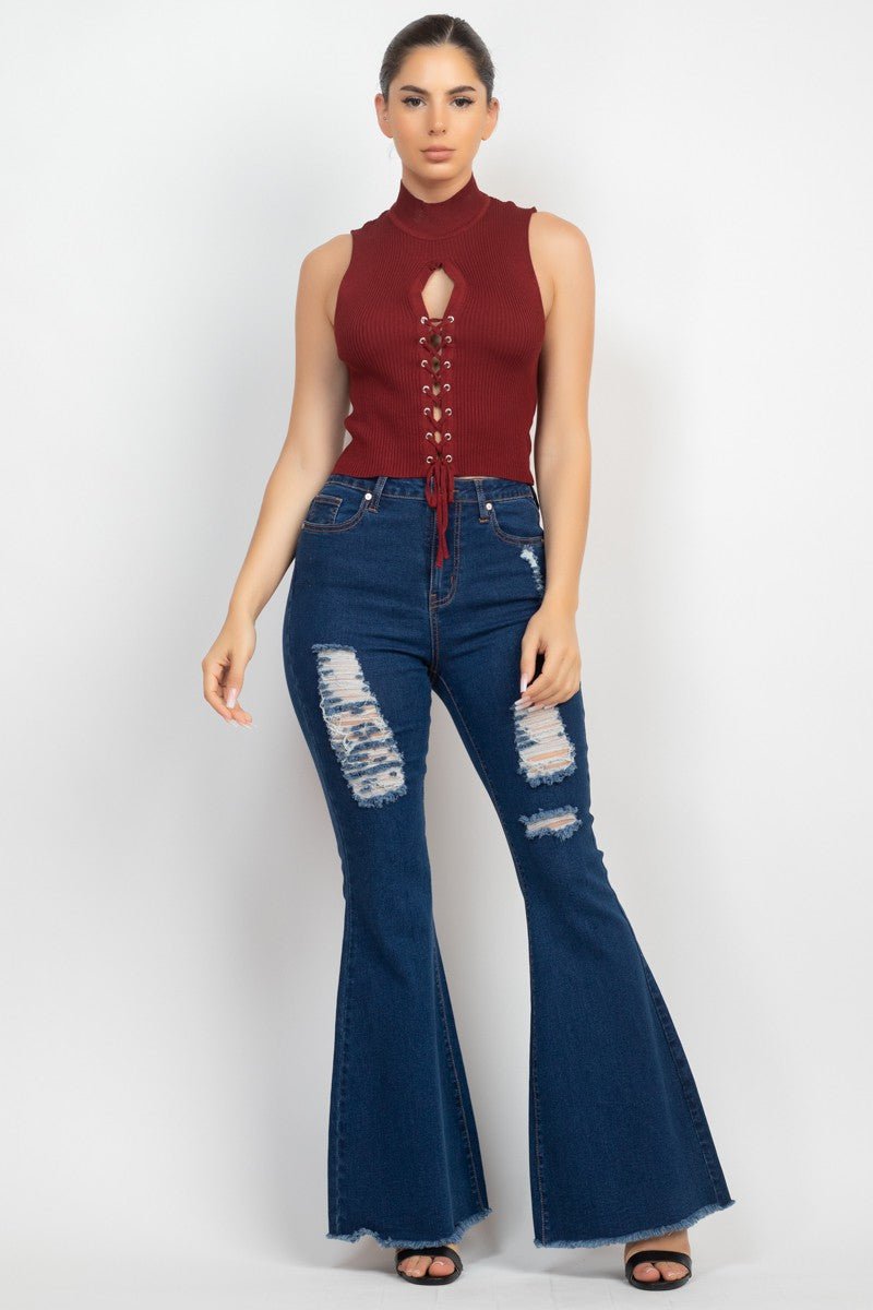 Mock Neck Ribbed Lace - Up Cutout Crop Top – Sleeveless Knit Corset Style - Blaire Shops
