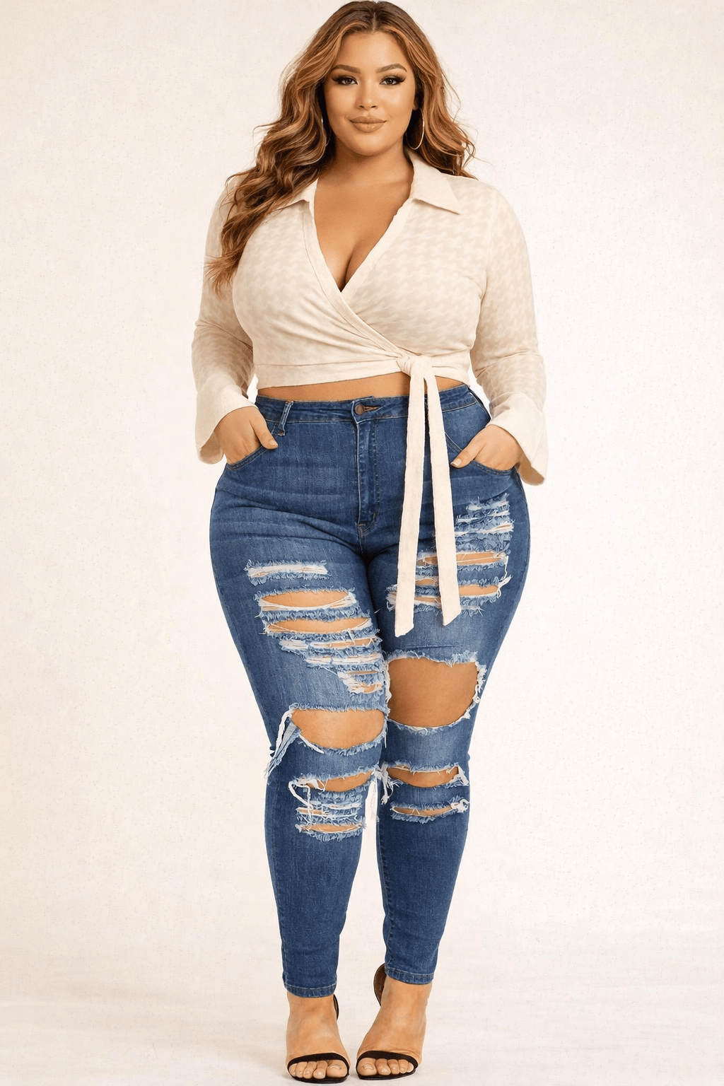 Monaco Plus Knitted Sheer Tie Front Crop Top - Blaire Shops