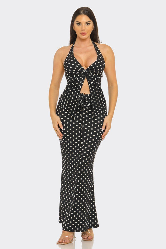 Monaco Polka Dot Halter Top & Maxi Skirt Set – Brunch & Vacation Outfit - Black outfit for women Vacation Outfits Birthday Dresses Going Out Looks