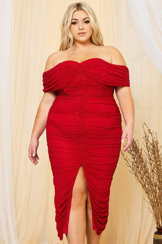 Monica Rhinestone Detail Shirring Side Off - the - Shoulder Plus Size Bodycon Midi Dress - Blaire Shops