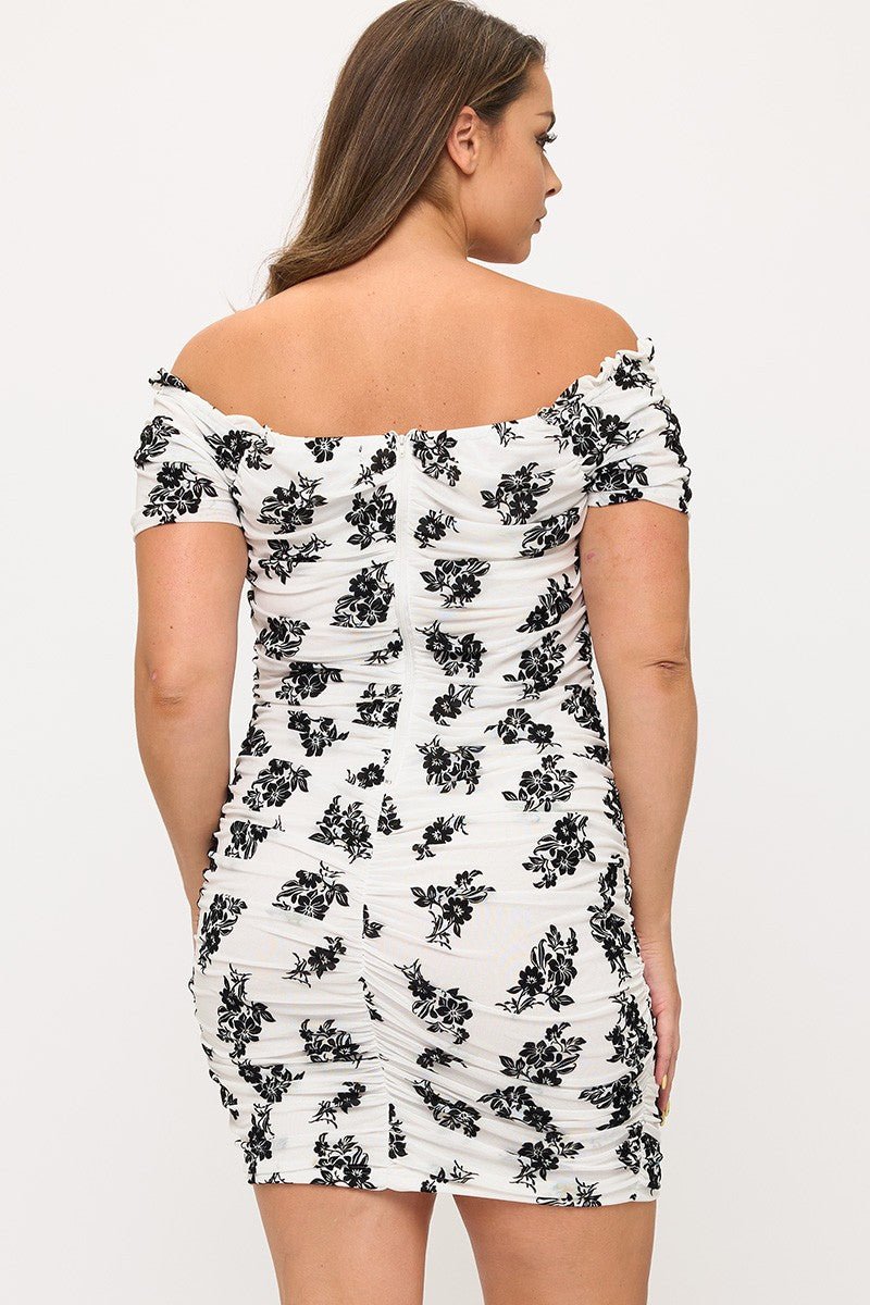 Monroe Muse Off - Shoulder Ruched Mini Dress – Plus Size Bodycon Dress - White dress for women Vacation Outfits Birthday Dresses Going Out Looks