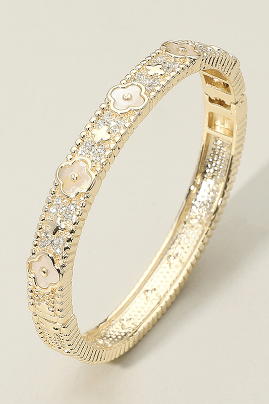 Mother of Pearl Quatrefoil Accent CZ Stone Paved Hinged Bangle Bracelet - Blaire Shops