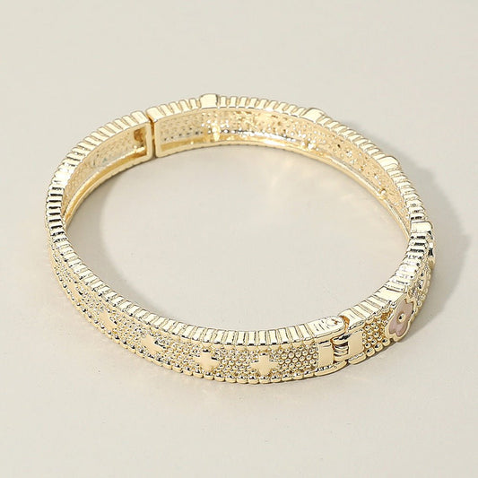 Mother of Pearl Quatrefoil Accent CZ Stone Paved Hinged Bangle Bracelet - Blaire Shops