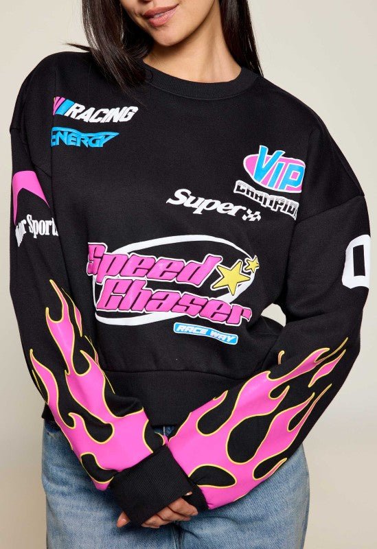Motorsport Pink Flame Graphic Sweatshirt – “Speed Chaser” Edition - Blaire Shops