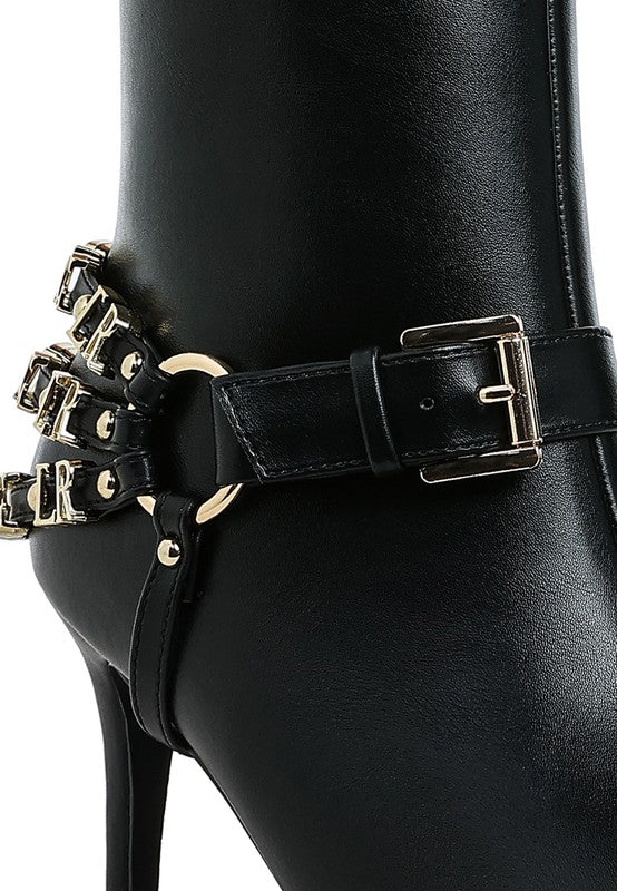 Nicene Harness Detail Stiletto Boots – Edgy High Heel Statement Footwear - Blaire Shops