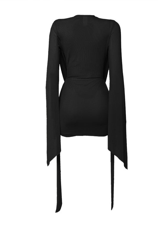 Nyla Midnight Muse Cowl Neck Bell Sleeve Mesh Mini Dress - Black DRESS for women Vacation Outfits Birthday Dresses Going Out Looks