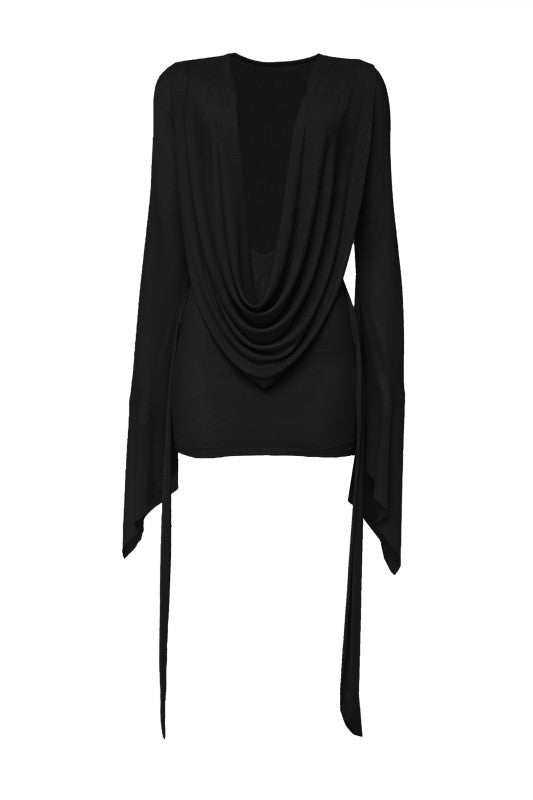 Nyla Midnight Muse Cowl Neck Bell Sleeve Mesh Mini Dress - Black DRESS for women Vacation Outfits Birthday Dresses Going Out Looks