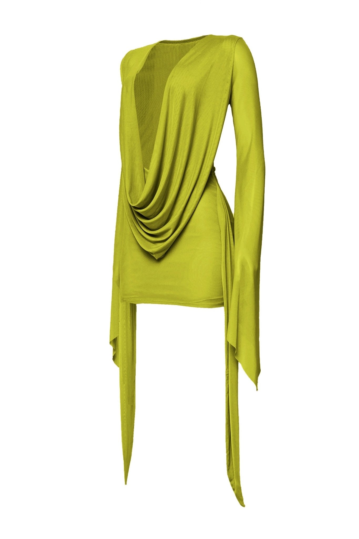 Nyla Midnight Muse Cowl Neck Bell Sleeve Mesh Mini Dress - Lime DRESS for women Vacation Outfits Birthday Dresses Going Out Looks