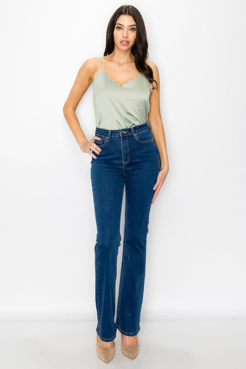 Olive Satin Scallop V - Neck Cami Top – Adjustable Straps & Square Back - Blaire Shops