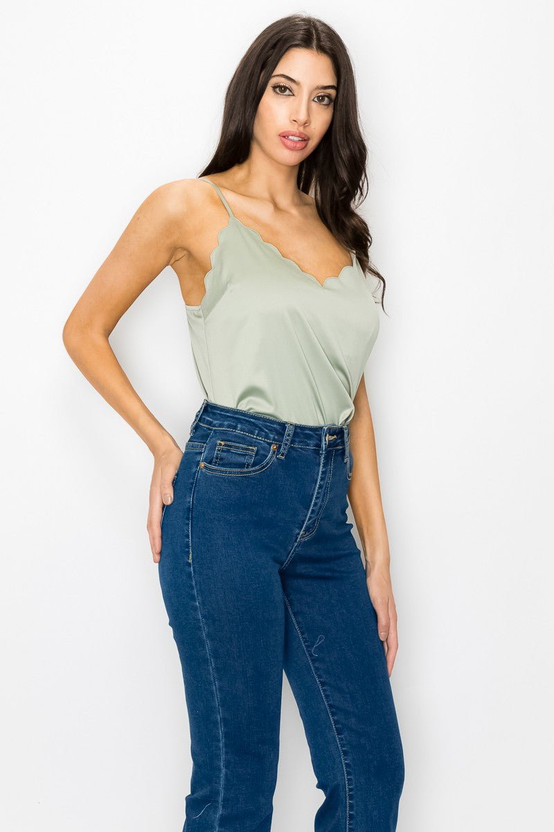 Olive Satin Scallop V - Neck Cami Top – Adjustable Straps & Square Back - Blaire Shops