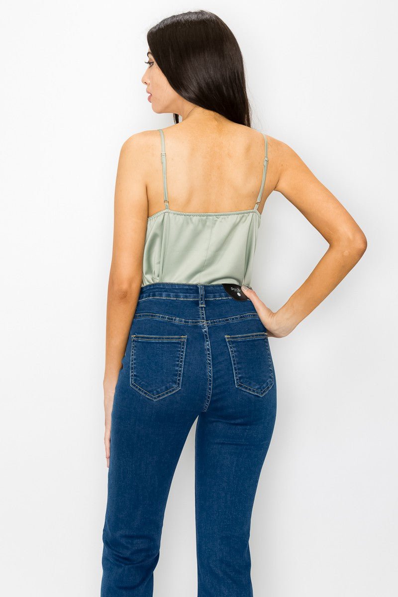 Olive Satin Scallop V - Neck Cami Top – Adjustable Straps & Square Back - Blaire Shops
