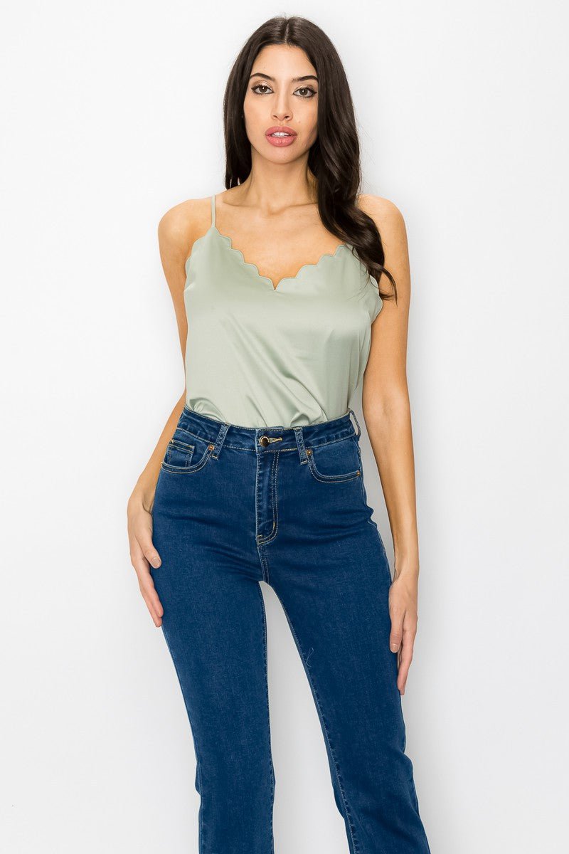 Olive Satin Scallop V - Neck Cami Top – Adjustable Straps & Square Back - Blaire Shops