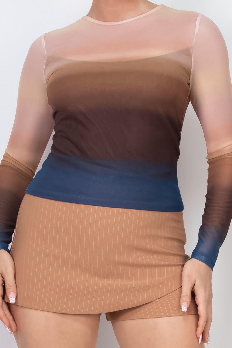 Ombre Mesh Long Sleeve Top – Sheer Gradient Fitted Tee - Blaire Shops
