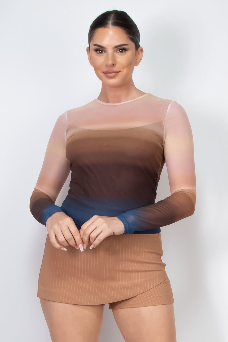 Ombre Mesh Long Sleeve Top – Sheer Gradient Fitted Tee - Blaire Shops
