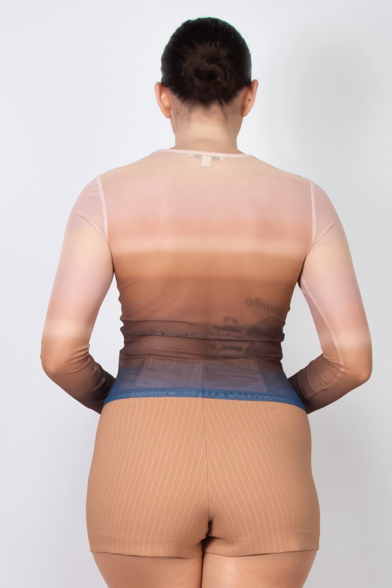 Ombre Mesh Long Sleeve Top – Sheer Gradient Fitted Tee - Blaire Shops