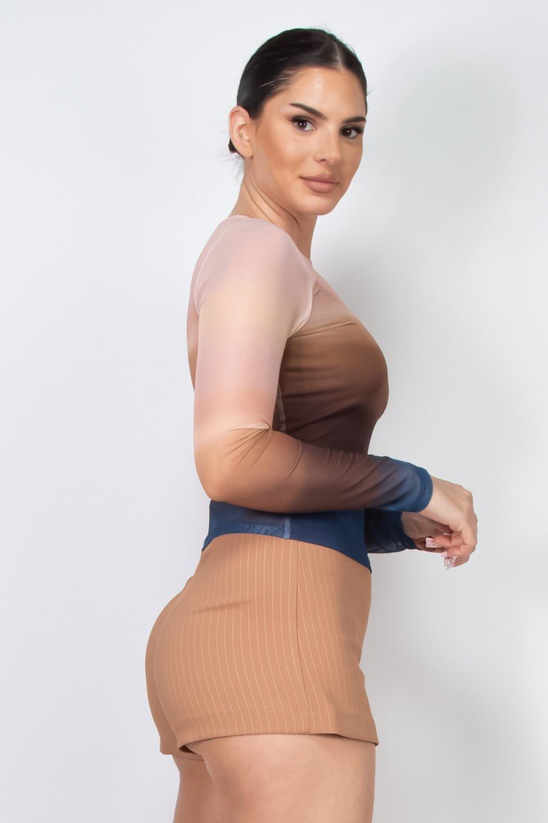 Ombre Mesh Long Sleeve Top – Sheer Gradient Fitted Tee - Blaire Shops