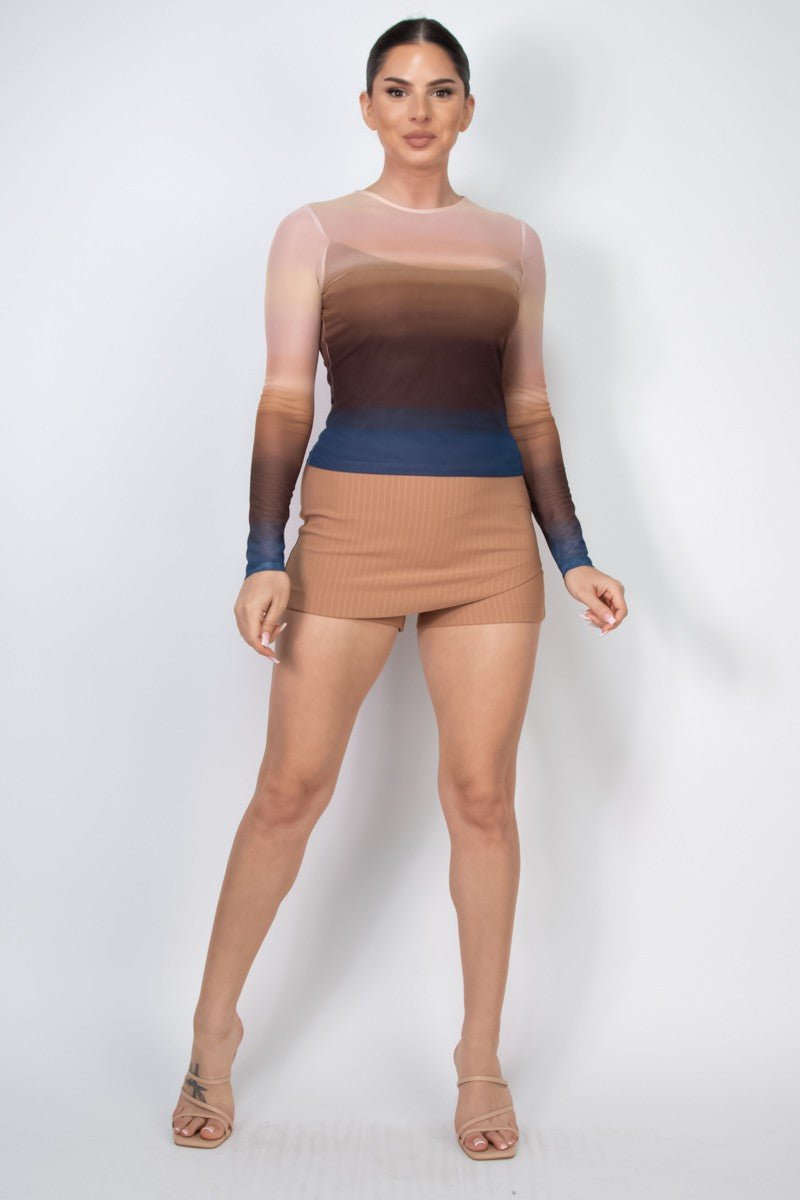 Ombre Mesh Long Sleeve Top – Sheer Gradient Fitted Tee - Blaire Shops